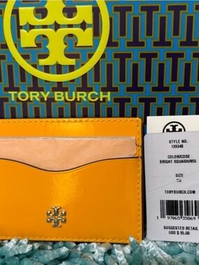 Tory Burch Bright Orange and Peach Leather Card Case with Gold Logo